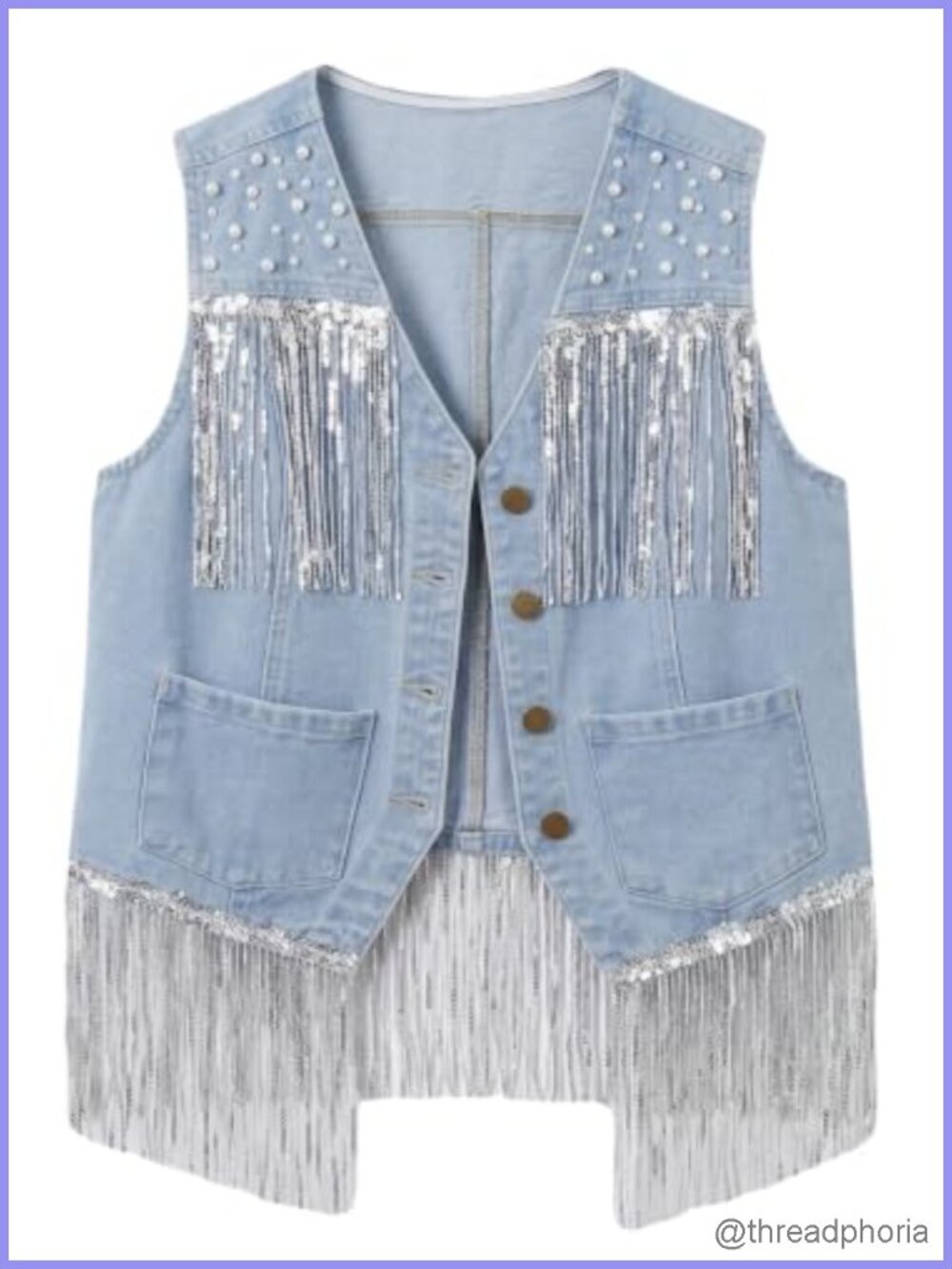 Fringe Denim Vest Top Cropped Western Pearl Cowgirl - S - XXL